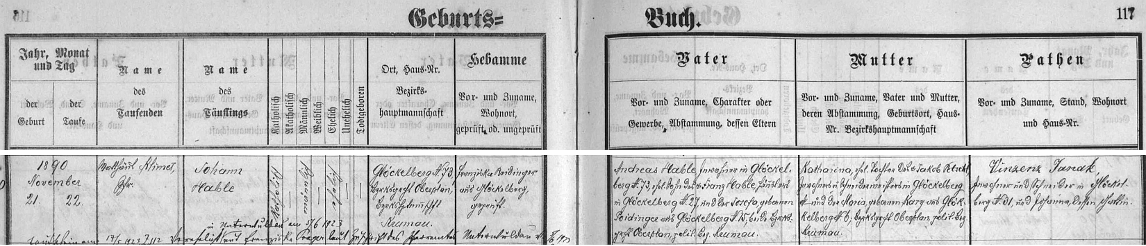 Záznam glöckelberské křestní matriky o narození otcově dne 21. listopadu 1890 (den nato ho ve zdejším kostele pokřtil farář Matthäus Klimesch /*7. listopadu 1853 ve Stupné /dnes část městyse Křemže, sám se v matrice píše Klimeš/) v glöckelberském stavení čp. 73. kde byl podruhem jeho otec Andreas Hable, syn chalupníka Franze Hableho ze zdejšího čp. 27 a Josefy, roz. Poidingerové ze zdejšího čp. 15, matka chlapcova Katharina byla pak dcerou Jakoba Petschla, podruha a krejčovského mistra v Glöckelbergu (čp. v matrice nečitelné) a Marie, roz- Kary ze zdejšího čp. 6
