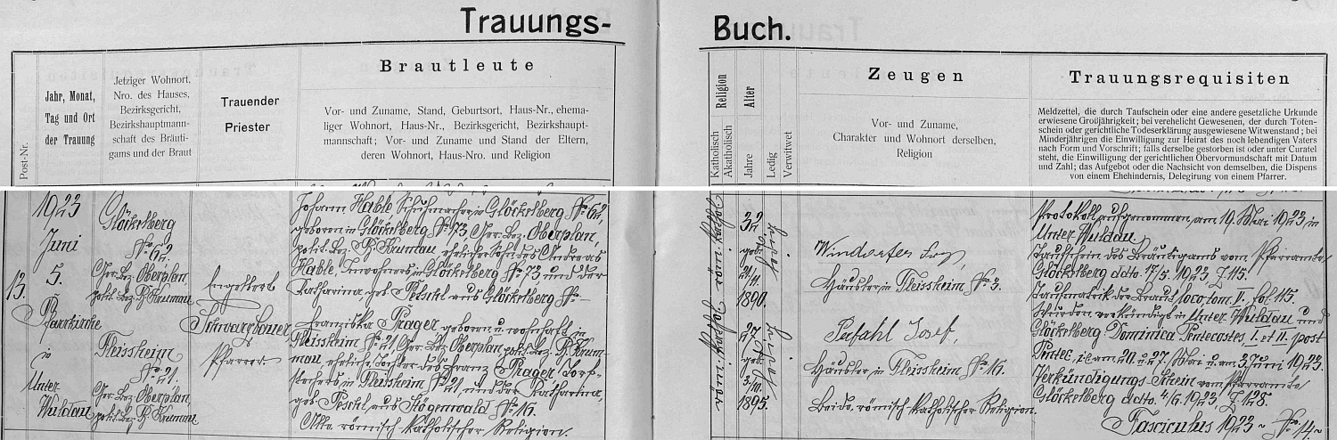 Záznam dolnovltavické oddací matriky o zdejší svatbě jeho rodičů dne 5. června roku 1925, kdy je tu spolu sezdal farář Engelbert Schwarzbeuer