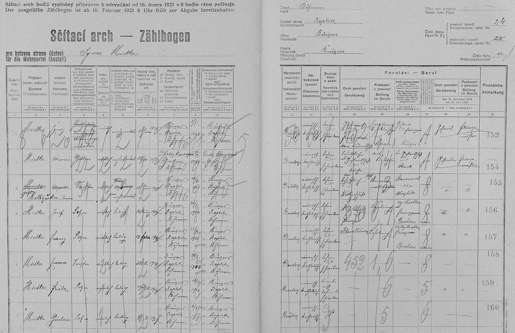 Arch sčítání lidu z roku 1921 pro stavení čp. 24 v Pohoří na Šumavě s rodinou Hietlerovou, kde už je matka Maria zaznamenána jako v témže roce provdaná