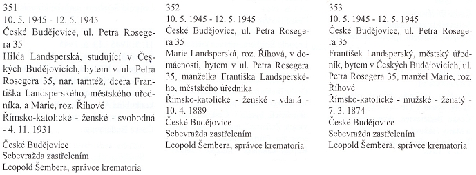 Záznam českobudějovické Knihy zemřelých a pohřbených o jeho sebevraždě v květnových dnech roku 1945, kterou spáchal spolu s dcerou Hildou a manželkou Marií, roz. Říhovou (ulice Petera Roseggera je psána chybně)