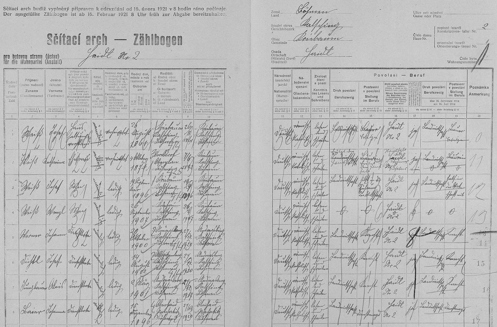 Arch sčítání lidu z roku 1921 pro stavení čp. 2 v Lomku i s jejím zatím svobodným otcem