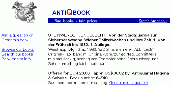 Inzerát (2008) renomovaného knižního antikvariátu na jeho knihu o historii vídeňské městské policie
