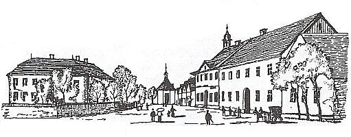 Staré Sedliště, náměstí se zámkem, osmibokou kaplí, zbořenou roku 1959, vpravo pak radnicí městečka a zámek sám, jak kdysi vyhlížel